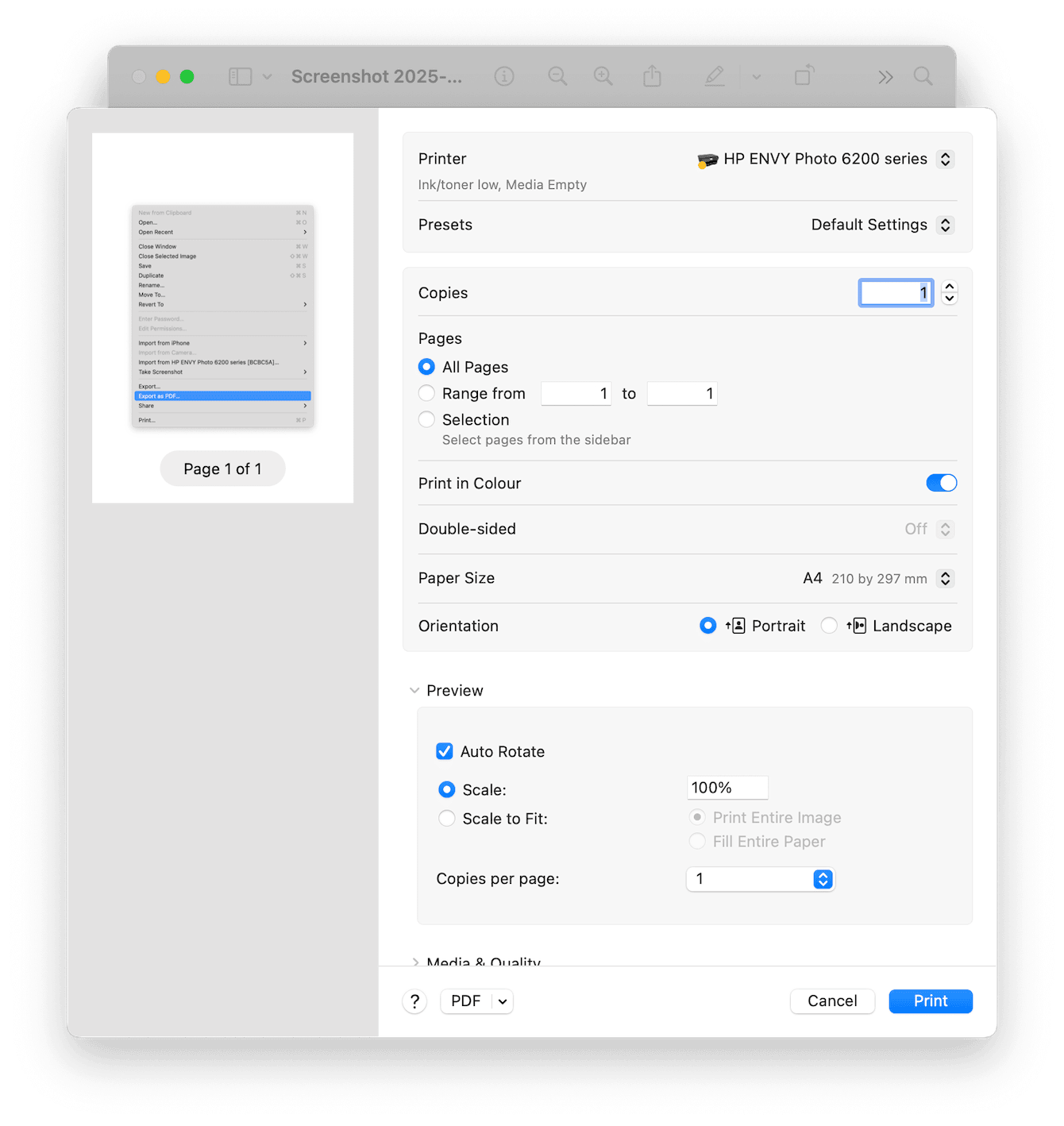 press Command - P inside Preview, it opens the Print window